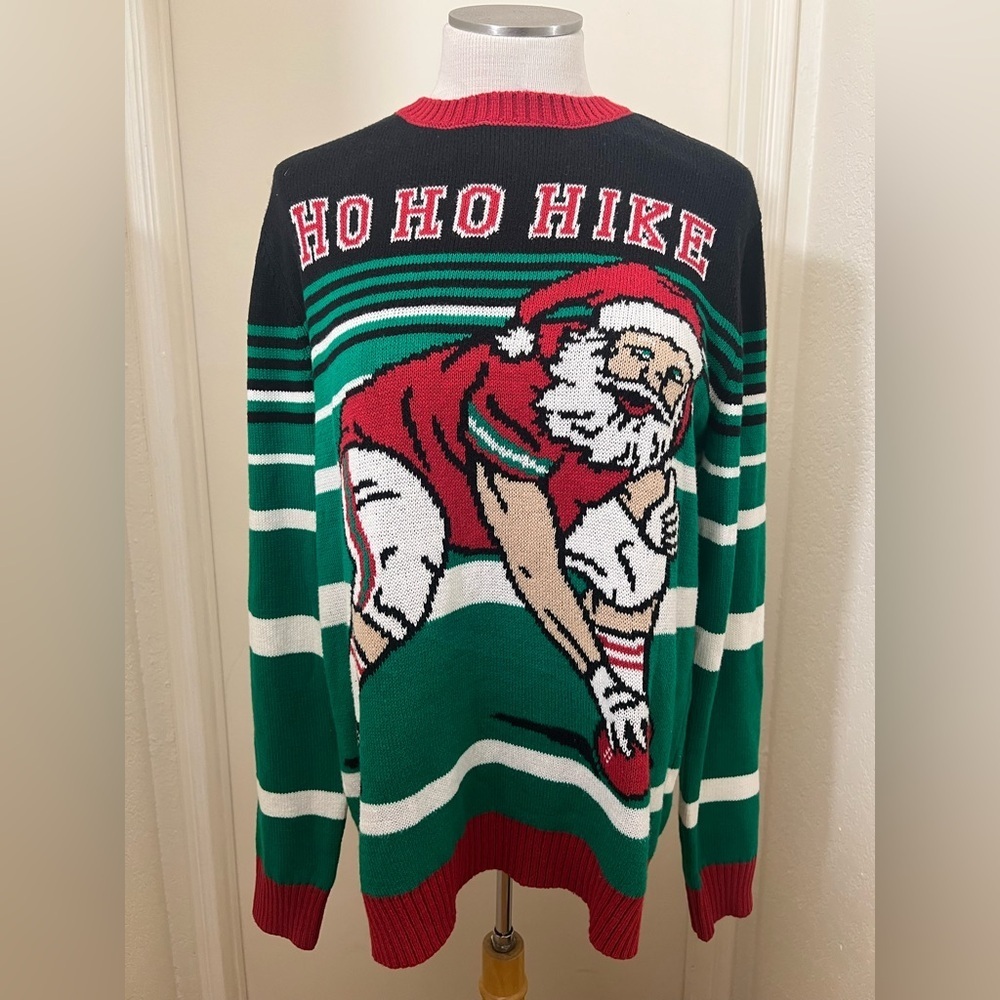 Festive Santa Sweater - Santa playing football Green, Red, Black